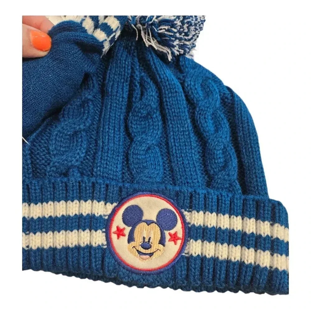 Disney Mickey Mouse Blue and White Winter Beanie Hat and Mitten Set - Picture 2 of 5